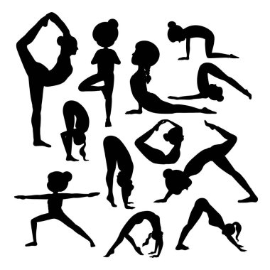 Yoga Poz Siluetleri Vektör İllüstrasyonu. Farklı yoga pozları veren kadın vektör siluetleri koleksiyonu. Her şekil farklı bir duruşu vurgular.