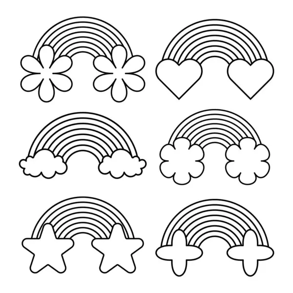 Dekoratif Sonlu Şirin Gökkuşağı Varyasyonları. Bu vektör illüstrasyonu, her biri farklı oyuncu ve büyüleyici unsurlarla dekore edilmiş altı eşsiz gökkuşağı tasarımından oluşan bir koleksiyon içerir..