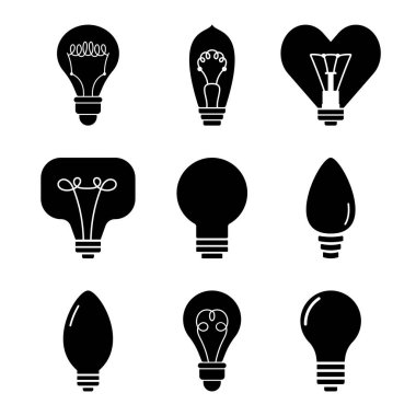 Ampul Silüeti Simgesi Vektör İllüstrasyonu. Siyah beyaz minimalist ampul simgeleri. Her ikon, geleneksel, klasik ve modern şekilleri de içeren eşsiz bir ampul tasarımı sergiliyor.