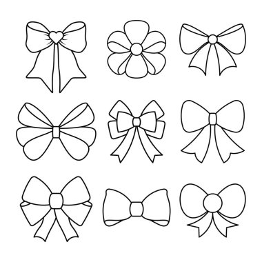 Dekoratif Fiyonk Vektör İllüstrasyonu. Her yay, akıcı kuyruklu kurdele yayları, simetrik yaylar ve kompakt minimalist tasarımlar da dahil olmak üzere farklı stiller sergiler..