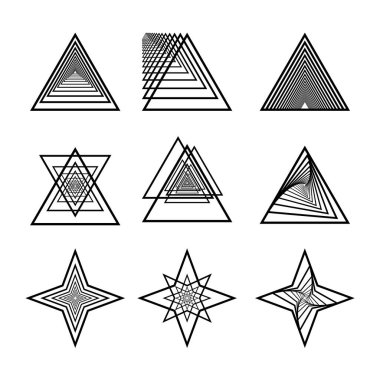 Geometrik Soyut Üçgen ve Yıldız Çizgisi Sanat Vektörü Çizimi. Karmaşık üçgen ve yıldıza benzer desenler içeren dokuz geometrik soyut vektör tasarımından oluşan bir koleksiyon..