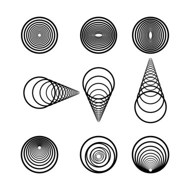 Soyut Geometrik Dairesel ve Konik Çizgi Sanat Tasarım Vektörü İllüstrasyonu. Bu vektör, eşmerkezli dairelerin ve elipslerin değişkenlerini gösteren siyah geometrik tasarımların bir koleksiyonunu içerir..
