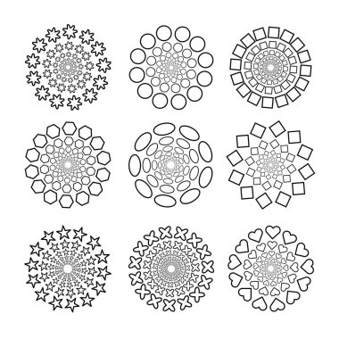 Soyut Geometrik Mandala Desenleri Vektör Resmini Ayarla. Her mandala, yıldızlar, daireler, altıgenler, ovaller, kareler, kalpler ve haçlar dahil olmak üzere radyal desenlerde dizilmiş şekillerden oluşur..