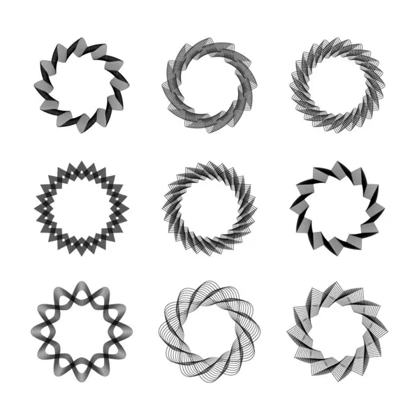 Soyut Geometrik Dairesel Desenler Vektör Resmini Ayarladı. Geometrik dairesel desenlerin bir koleksiyonu, her biri üst üste binen çizgiler, spiraller ve açısal şekillerle benzersiz bir tasarım içeriyor..