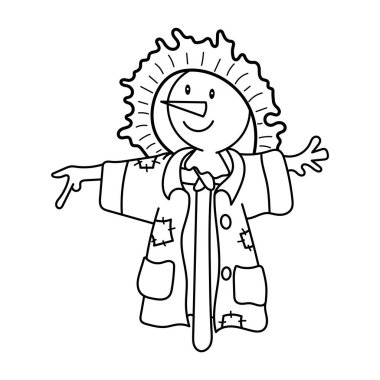 Sevimli Çizgi Roman Korkuluğu Ana Hattı Vektör İllüstrasyonu. Neşeli bir ifadeyle karikatür korkuluğunun büyüleyici bir siyah-beyaz çizimi..