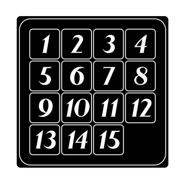 Klasik 15 Yapboz Kaydırmalı Döşeme Oyun Vektörü İllüstrasyonu. Tasarım, yuvarlak kare karolarla çevrili zarif serif yazı tipinde beyaz sayılar içeren koyu siyah bir arkaplana sahiptir..