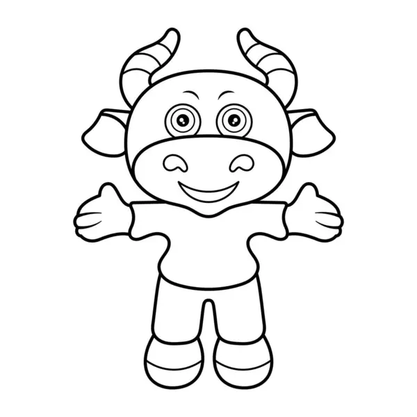 Şirin Çizgi Roman Boğa Maskotu Taslak Vektör İllüstrasyonu. Boğa kolları açık duruyor, sanki sıcak bir karşılama ya da kocaman bir sarılma gibi. Boğanın kocaman, yuvarlak gözleri olan neşeli bir ifadesi vardır..