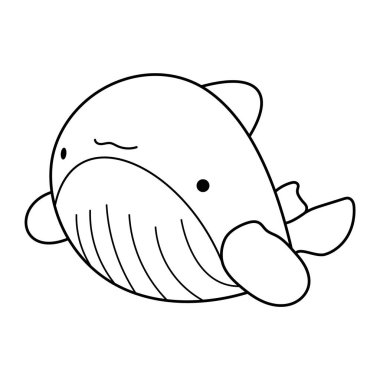 Çizgi film Balina Taslak Vektör İllüstrasyonu. Yuvarlak gövdeli, küçük yüzgeçli ve gülümseyen ifadeli bir karikatür tarzı balinanın siyah ve beyaz vektör çizimi.