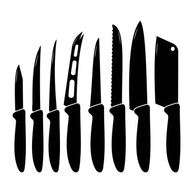 Mutfak Bıçağı Siluet Koleksiyonunu Ayarla. Siyah siluet tarzında sekiz farklı mutfak bıçağı. Bıçaklar art arda dizilmiş, çeşitli bıçak şekilleri ve boyutları sergileniyor..