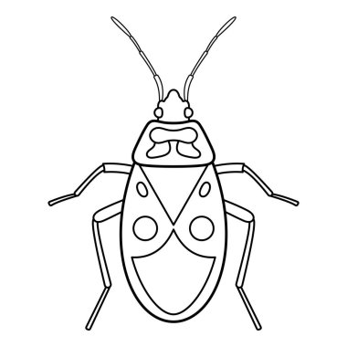 Firebug Beetle Outline Vector Illustration. A black and white illustration of a firebug beetle, featuring a symmetrical design with detailed body segmentation, long antennae, and six articulated legs.
