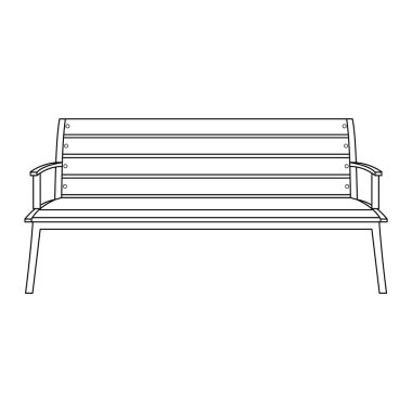 Tahta Benç Taslak Vektör İllüstrasyonu. Arka koltuğu ve yatay çıtası olan klasik bir ahşap park bankının siyah-beyaz çizimi..