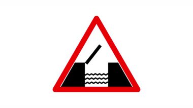 Asma Köprü Uyarı İşareti Animasyonu. Bu video, şeffaf arkaplan üzerinde alfa kanalı olan bir animasyon döngüsüdür. Bir asma köprüyü gösteren dinamik bir yol uyarı levhası içerir..