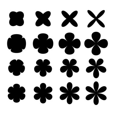 Soyut Çiçek Yaprağı Şekilleri Vektör İllüzyonu. Farklı soyut biçimlerde 16 adet siyah çiçek yaprağı silueti.