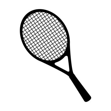 Tenis Raketi Silueti Vektör İllüstrasyonu. Raket, oval kafanın içinde çaprazlanmış tellerle ve sağlam bir sapla bir açıyla resmedilmiş..