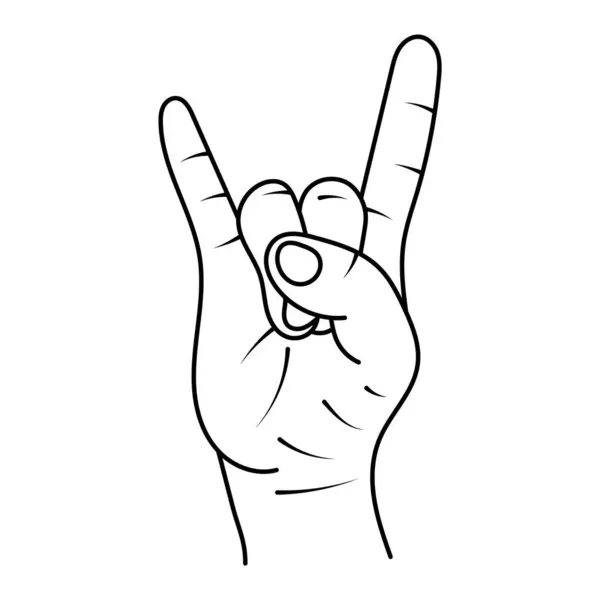 Taş El Hareketi Taslak Vektör İllüstrasyonu. Bu siyah ve beyaz vektör illüstrasyonunda stilize edilmiş bir insan eli simgesel bir kaya ya da şeytan boynuzu hareketi yapar..