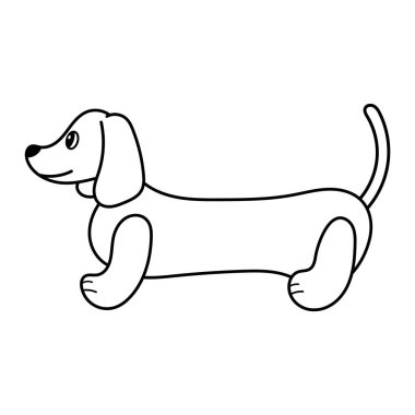 Şirin Uzun Vücut Çizgi Köpek Ana Hattı Vektör İllüzyonu. Uzun gövdeli, daksund köpeğine benzeyen şirin bir çizgi film köpeğinin siyah beyaz çizimi..