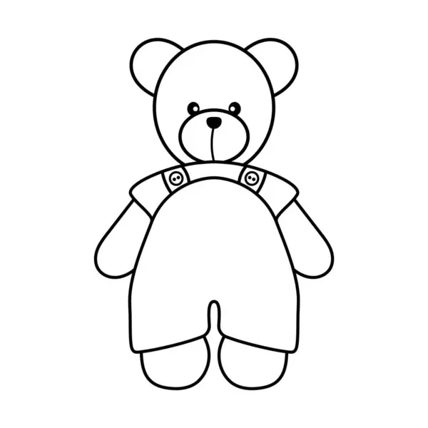 Tulum Taslak Vektör İllüzyonu 'ndaki sevimli oyuncak ayı. Düğmeli tulum giyen sevimli bir ayının siyah beyaz vektör çizimi..