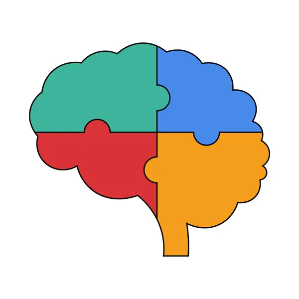 Renkli Beyin Bulmacası Vektör İllüstrasyonu. Bu canlı vektör çizimi, birbirine kenetlenmiş dört yapboz parçası şeklinde tasarlanmış stilize edilmiş bir insan beynine sahip..