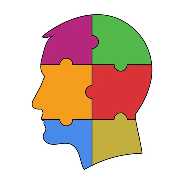Renkli İnsan Başı Bulmaca Silueti Vektör İllüzyonu. Birbirine kenetlenmiş altı yapboz parçasından oluşan insan kafası siluetinin canlı ve yaratıcı bir temsili..