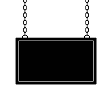 Siyah ve Beyaz Vektör İllüstrasyonlu İmza Panosu Asma. İki metal zincirden sarkan dikdörtgen tabelanın minimalist vektörü.