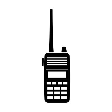 Telsiz Radyo Siluet Vektör İllüstrasyonu. Uzun antenli bir telsizin siyah silueti, birden fazla düğmesi olan bir tuş takımı, küçük bir ekran ve yan düğmeleri..