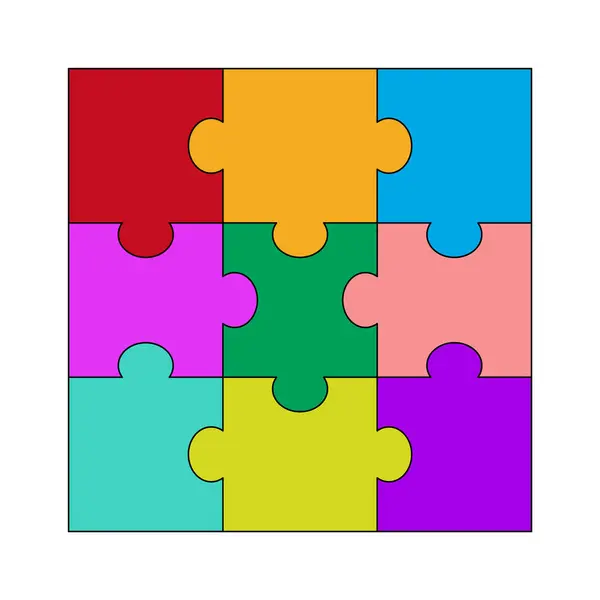 Renkli Yapboz Bulmacası Şebeke Vektör İllüstrasyonu. 3x3 'lük yapboz ızgarasının parlak bir vektör çizimi. Her yapboz parçası eşsiz renklerdedir.