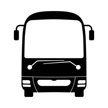 Modern Otobüs Siyah ve Beyaz Vektör İllüstrasyonu 'nun ön görüntüsü. Tasarımda önde gelen silecekler, büyük yan aynalar, dairesel farlar ve geniş bir ön cam yer alıyor..
