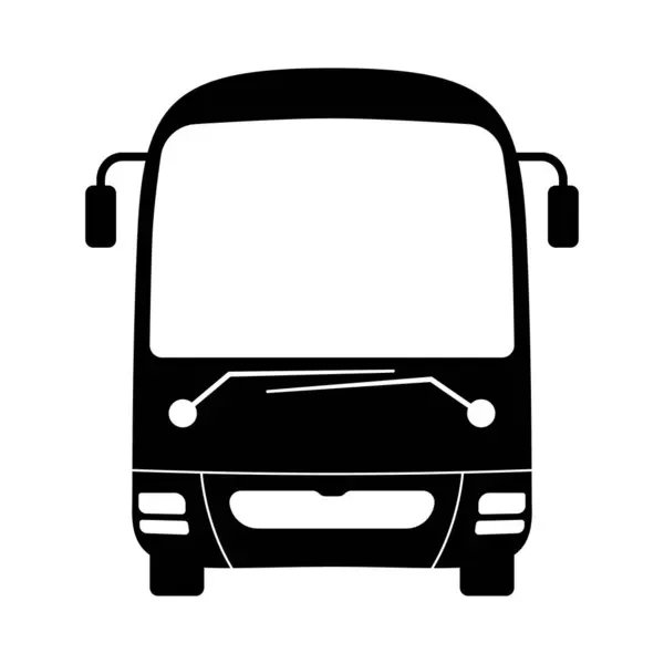 Modern Otobüs Siyah ve Beyaz Vektör İllüstrasyonu 'nun ön görüntüsü. Tasarımda önde gelen silecekler, büyük yan aynalar, dairesel farlar ve geniş bir ön cam yer alıyor..