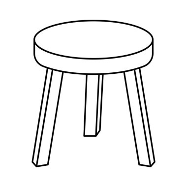 Üç Ayaklı Tahta Tabure Taslak Vektör İllüstrasyonu. Üç ayaklı tahta tabure, temiz ve minimalist siyah-beyaz çizgili sanat tarzında dizayn edilmiş..