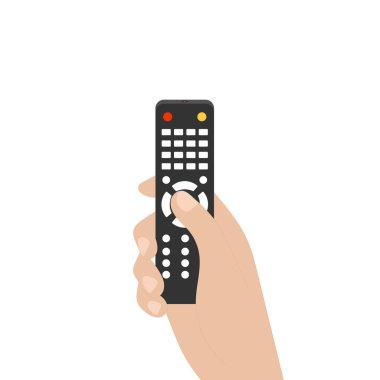 El Tutma TV Uzaktan Kumanda Vektör İllüstrasyonu. Siyah bir televizyonun uzaktan kumandasını tutan bir insan eli. Uzaktan kumanda çeşitli düğmelerle tasarlanmıştır..