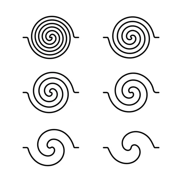 Soyut Spiral Dönüşüm Asgari Çizgi Sanat Seti. Karmaşıklıktan basitliğe evrimleşen altı soyut spiral şekilleri gösteren temiz bir vektör çizimi. 