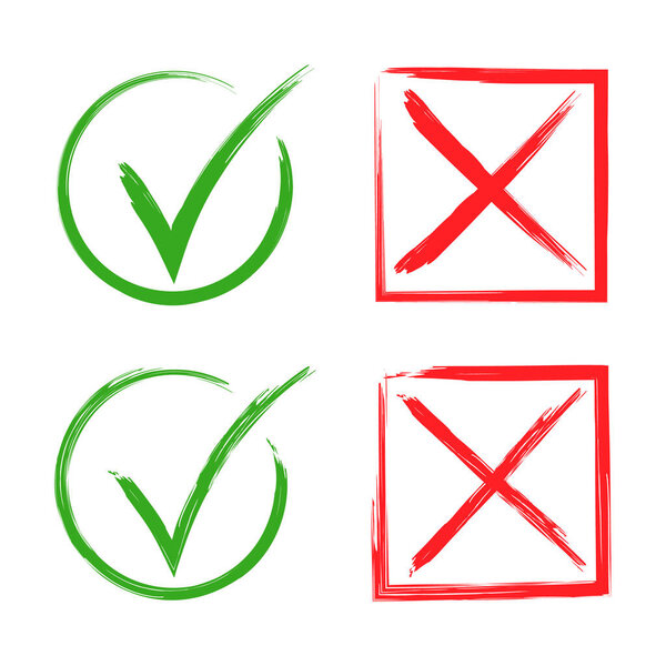 Знаки проверки стиля кисти и перекрестные символы настраивают векторную иллюстрацию. Четыре символа в стиле кисти. Каждый символ имеет грубую, художественную текстуру мазка.