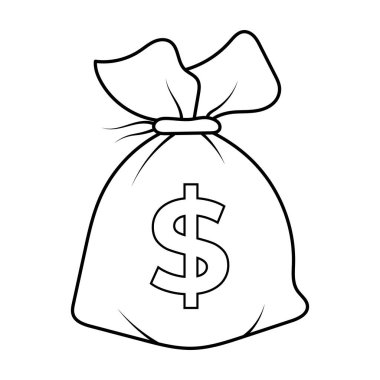 Dolar İşareti Taslak Vektör Resimli Para Çantası. Klasik para çantasının siyah ve beyaz vektör çizimi üstte bir dizgi ile bağlanmış.