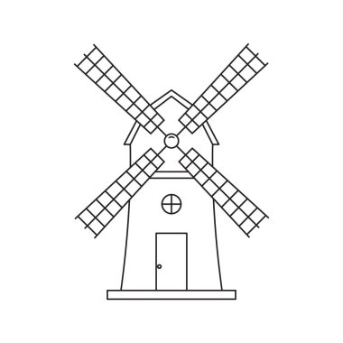 Windmill Taslak Vektör Çizimi. Geleneksel bir yel değirmeninin siyaha ve beyaza dönük tasviri. Temiz, minimalist çizgili bir sanat tarzı..