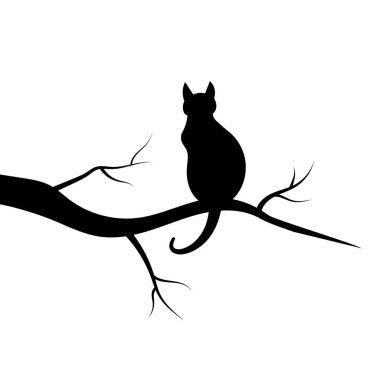 Bir ağaç dalı vektör illüstrasyonunda kedi silueti. Bu minimalist siyah-beyaz vektör çizimi, ağaç dalında zarif bir şekilde oturan bir kedinin silüetini içeriyor..