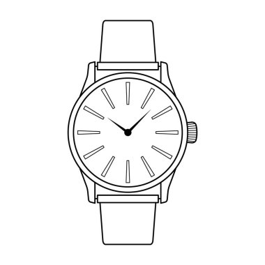Minimalist Kol Saati Çizgisi Sanat Vektörü İllüstrasyonu. Klasik bir analog kol saatinin temiz, siyah ve beyaz vektör çizimi.
