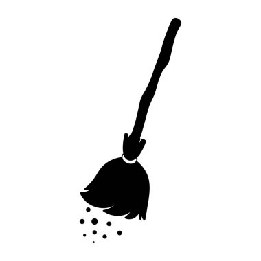 Toz Parçacıkları Siluet Vektör İllüstrasyonlu Süpürge Simgesi. Geleneksel süpürge tozu. Süpürgenin doğal, düzensiz bir ahşap sapı vardır..
