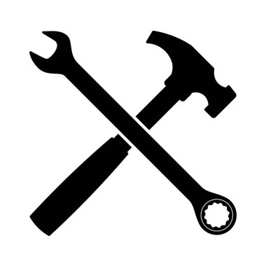 İngiliz anahtarı ve Çekiç Simgesi. İngiliz anahtarının siyah siluet vektörü ve çekiç birbirlerinin üzerinden geçerek X şeklini alırlar..