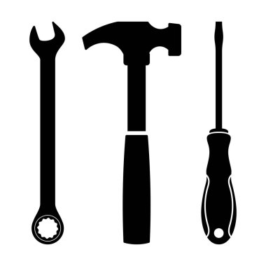 İngiliz anahtarı, çekiç ve tornavida taşıyıcı illüstrasyonunun silueti. Bu siyah ve beyaz vektör illüstrasyonu, temiz siluet biçiminde üç temel el aracını içerir.
