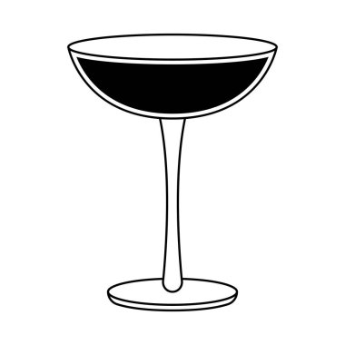 Zarif Kokteyl Glass Siluet Vektör İllüstrasyonu. Cam, geniş sığ bir kase, ince bir gövde ve yuvarlak bir taban ile siyah beyaz olarak tasvir edilir..
