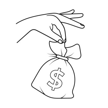 Dolar İşaretli Para Çantası İllüzyonu. Önünde belirgin bir dolar işareti olan bir para çantasını nazikçe tutan bir elin siyah beyaz çizimi..