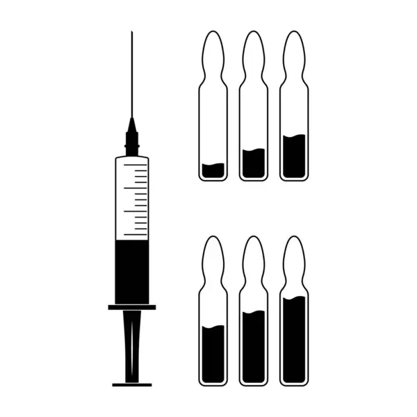 Ampul Vektör İllüstrasyonlu Tıbbi Şırınga. Ampuller iki sıra halinde gösterilir, her biri değişen sıvı seviyelerini içerir.