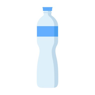 Plastik Su Şişesi Vektör Çizimi. Şişe düz, kıvrımlı, mavi vida kapaklı ve üst kısmında uyumlu mavi etiketli bir tasarım içeriyor..