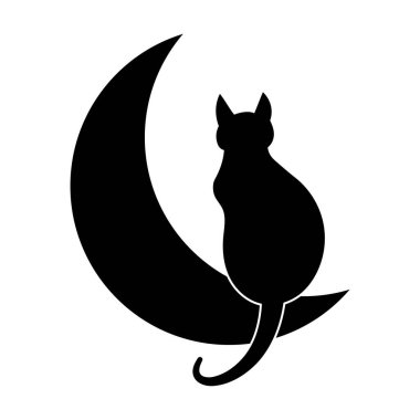 Hilal Ay Vektör Resimlerinde Oturan Bir Kedinin Silueti. Bir kedinin minimalist siyah silueti zarif bir şekilde hilal ayına tünemişti..