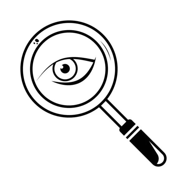 Vector Illustration 'un içindeki gözle büyüteç. Lensin içinde detaylı bir insan gözü olan bir büyüteçin siyah beyaz vektör çizimi.