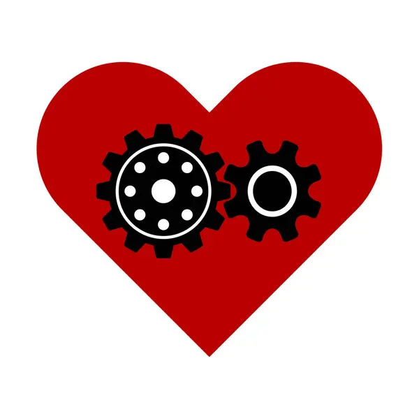Mekanik Vites Vektör İllüstrasyonlu Kalp. Büyük kırmızı bir kalbin içine yerleştirilmiş iki siyah mekanik vites içeren cesur bir vektör çizimi.