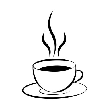 Saucer Vector Illustration 'da Buharlı Sıcak Kahve Kupası. Bir fincan tabağa konmuş sıcak bir kahve fincanı, fincanın üzerinde üç stilize buhar borusu yükseliyor..