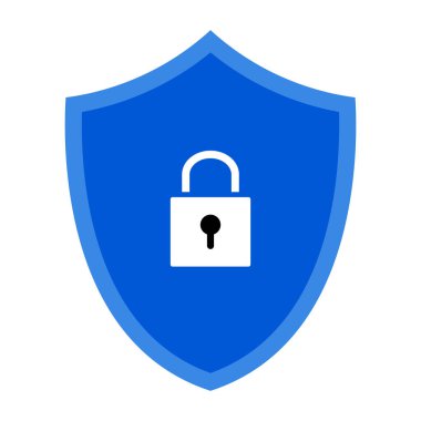 Güvenli Kilit Kalkanı Simge Vektörü İllüstrasyonu. Bu vektör illüstrasyonunda kalın kenarı ve merkezi beyaz asma kilit ikonu olan mavi bir güvenlik kalkanı var..