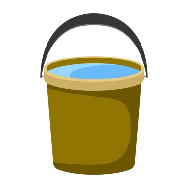 Su vektörü illüstrasyonuyla dolu kova. Kovanın üzerinde düz, koyu bir tutacağı olan basit silindirik bir şekli var..