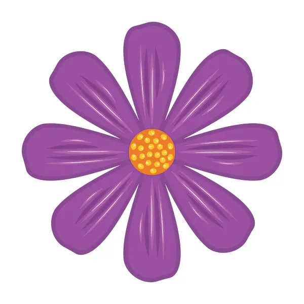 Dokulu Yaprak Vektörü İllüstrasyonuyla Parlak Mor Daisy. Dokuz pürüzsüz, yuvarlak taç yapraklı, parlak altın sarısı bir merkezden yayılan stilize edilmiş mor bir papatya..